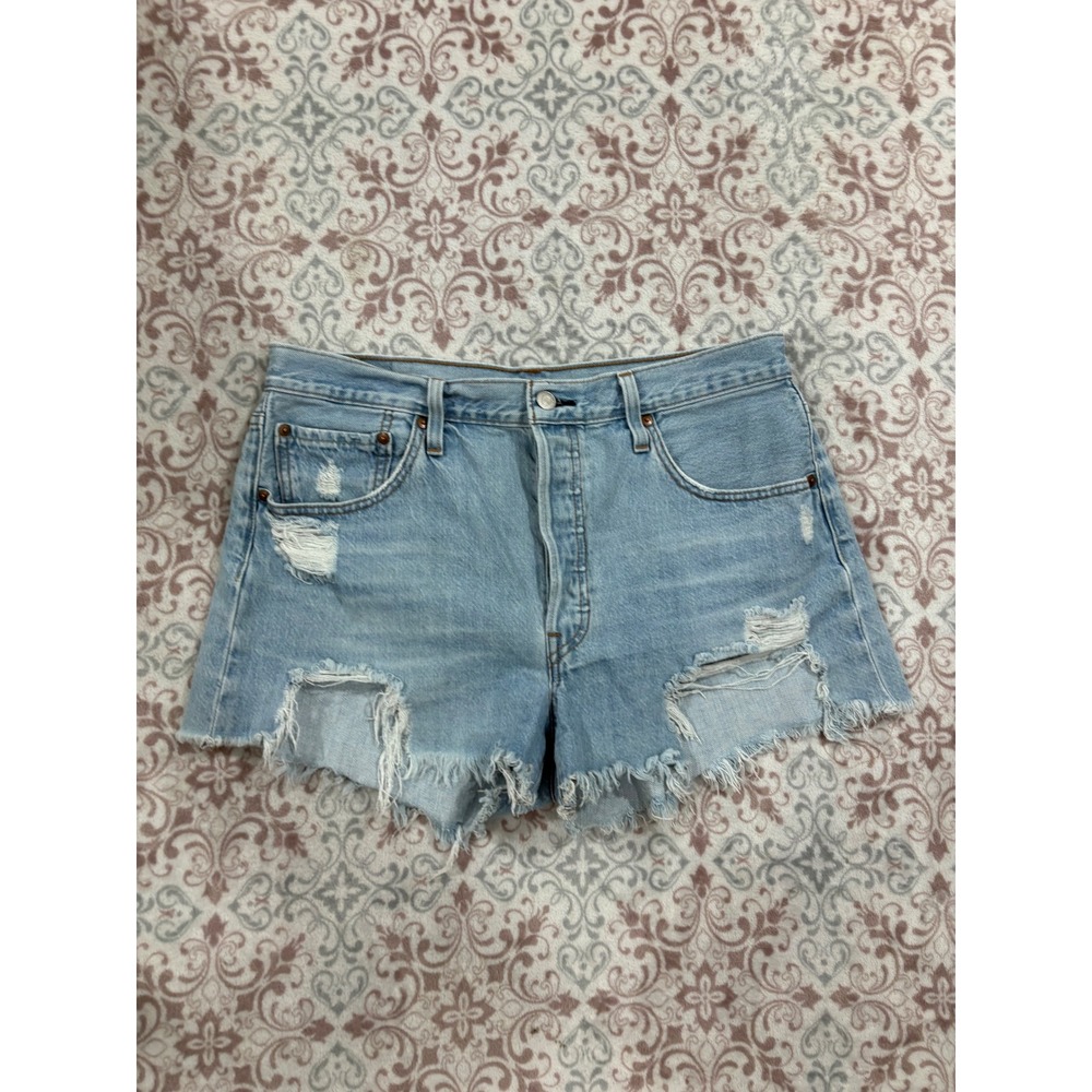 Levis 501 Original Distressed Denim Shorts Light Wash W32 High Rise Button Fly
